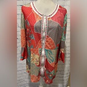 Multiples Multi Colored Zippered Jacket Top Belle Sleeves Size Large